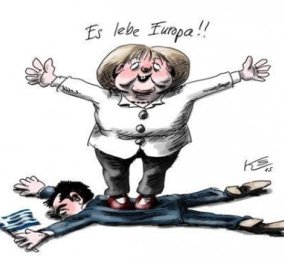 Το καυστικό σκίτσο Γερμανού καρτουνίστα για τη συμφωνία: Η Μέρκελ ποδοπατάει τον Τσίπρα & αναφωνεί: «Ζήτω η Ευρώπη!»