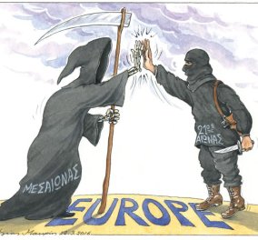 Σκίτσο του Ηλία Μακρή: Ο χάρος και οι Τζιχαντιστές τα έχουν κάνει "πλακάκια" με τον  θάνατο