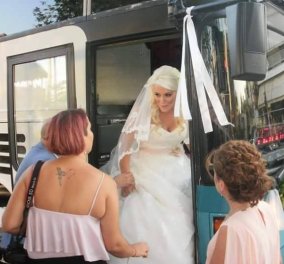Η όμορφη ξανθιά νύφη  από τη Λαμία πήγε στην εκκλησία συνοδευόμενη από 20 λεωφορεία του ΚΤΕΛ (φωτό)