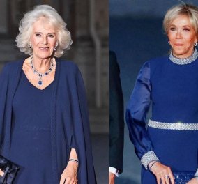 Βασίλισσα Καμίλα & Μπριζίτ Μακρόν με μπλε ρουά φορέματα στο Παλάτι των Βερσαλλιών - Ντυμένες με Dior και διαμαντένια κοσμήματα δίπλα στους συζύγους τους 